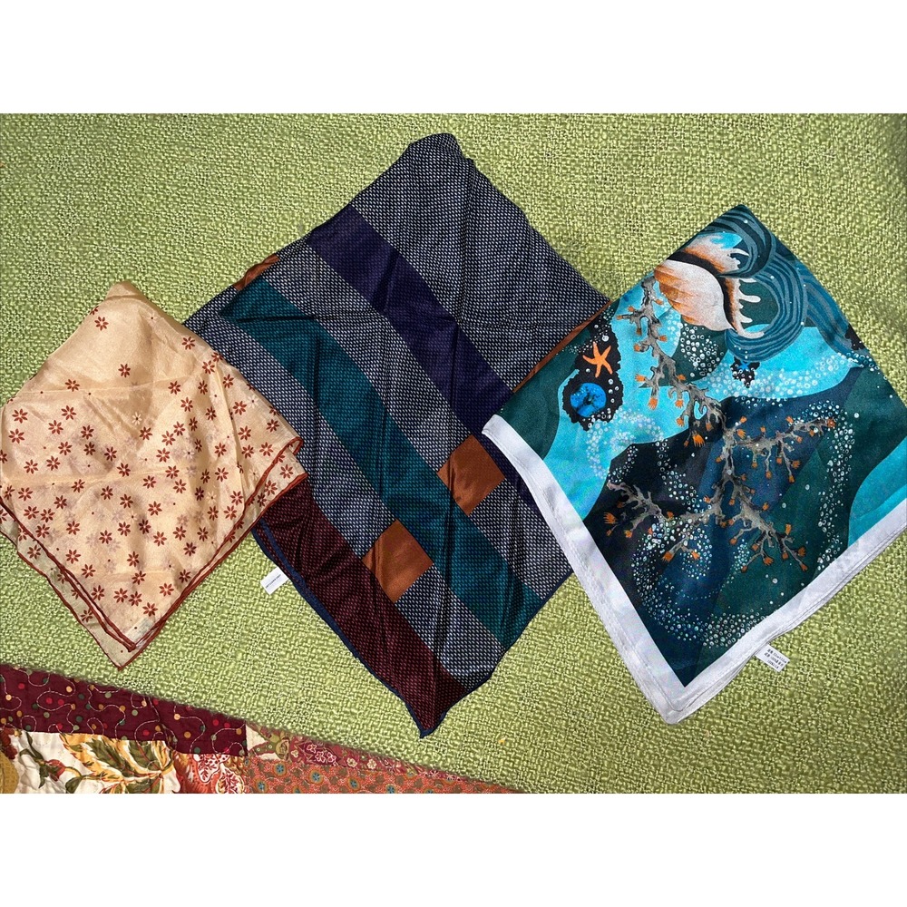 silk scarves lot of 3 , 1 handrolled scarf , ocean , geometric , floral